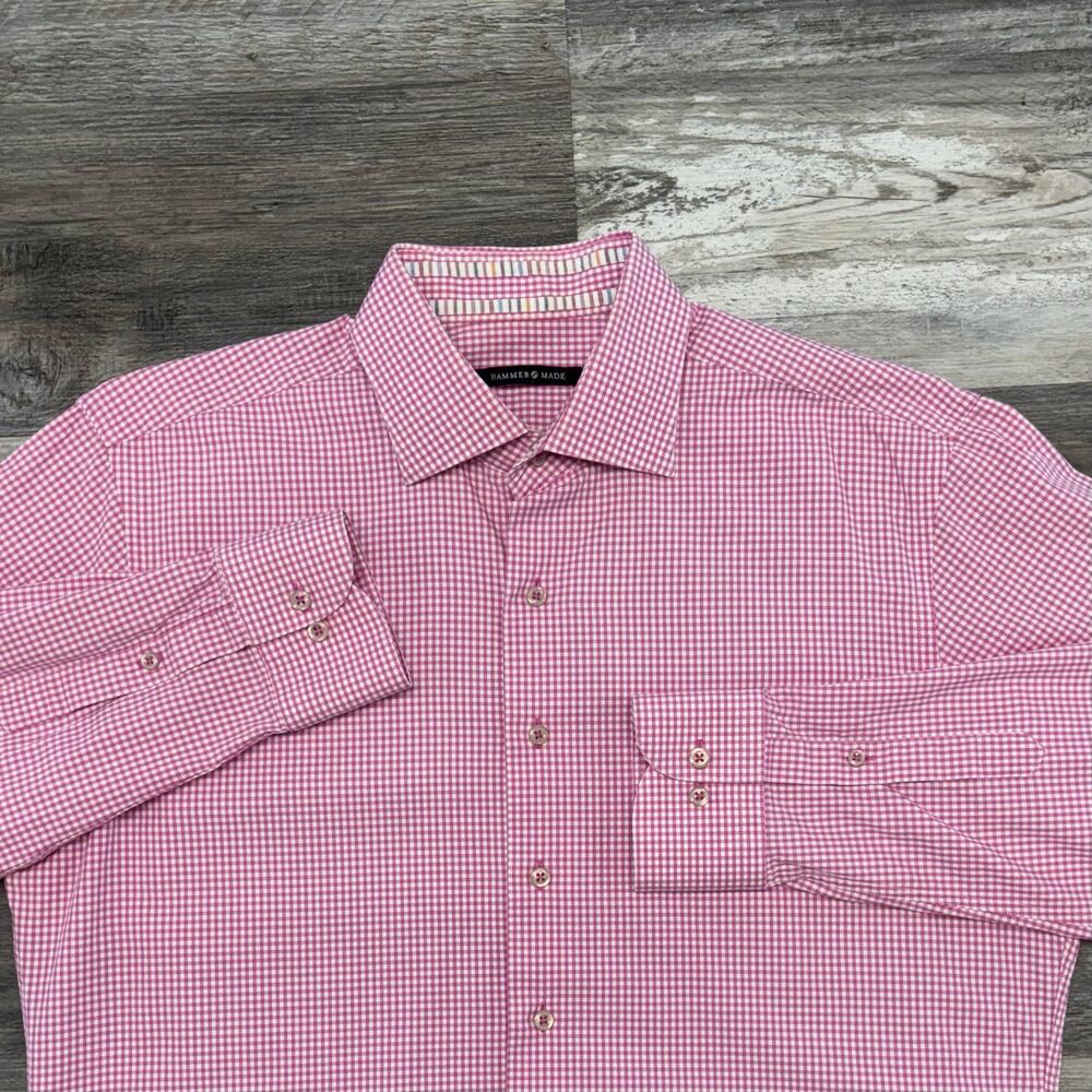 Hammer Made‎ Pink White Gingham Plaid Mens M Button Down Long Sleeve Dress Shirt